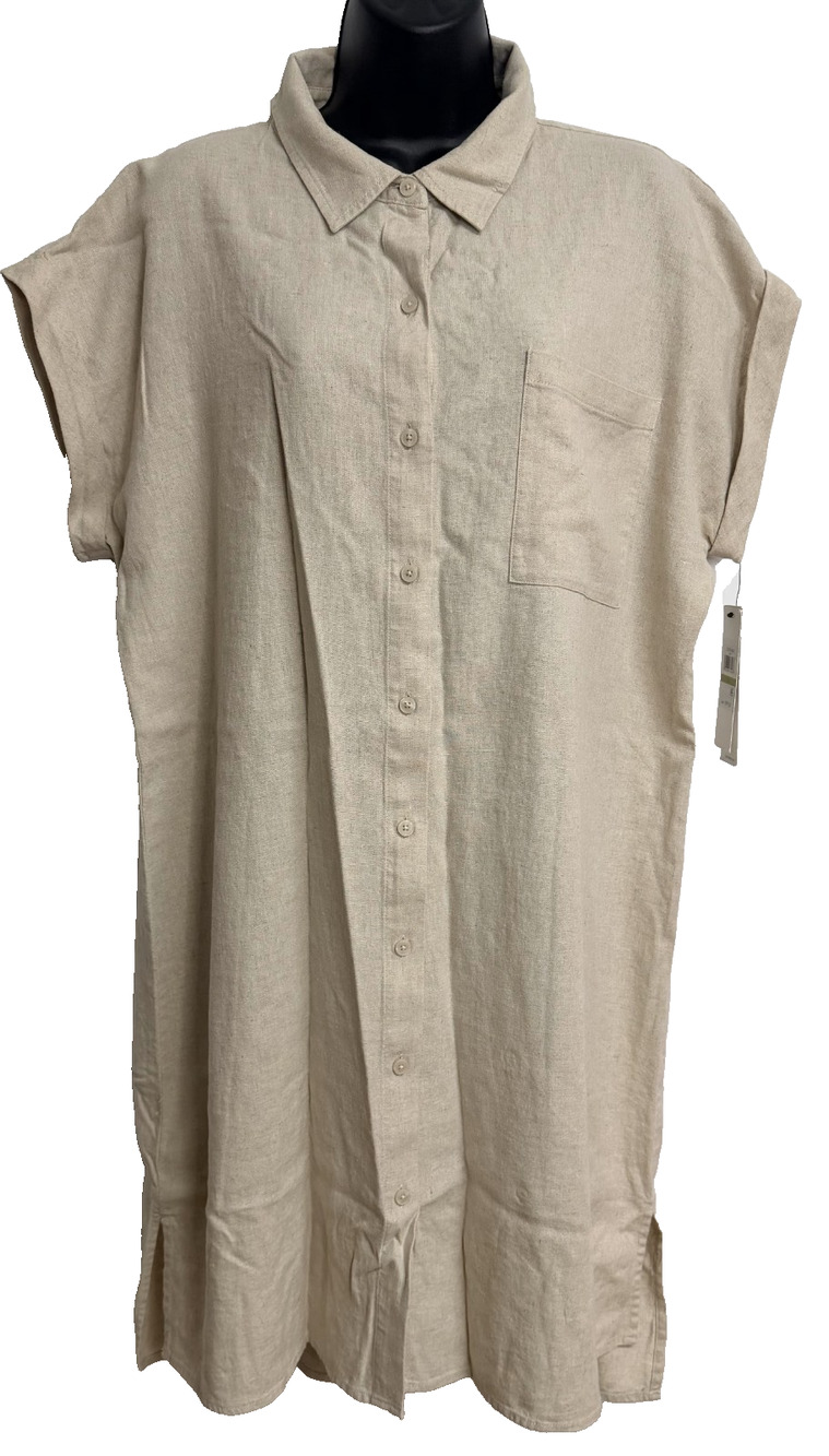 Calvin Klein Short Sleeve Shirt Dress Women 14 Natural Linen Classic Button NEW